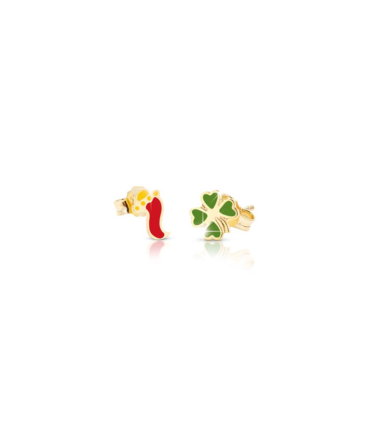 Orecchini Fortuna oro giallo cornetto e quadrifoglio