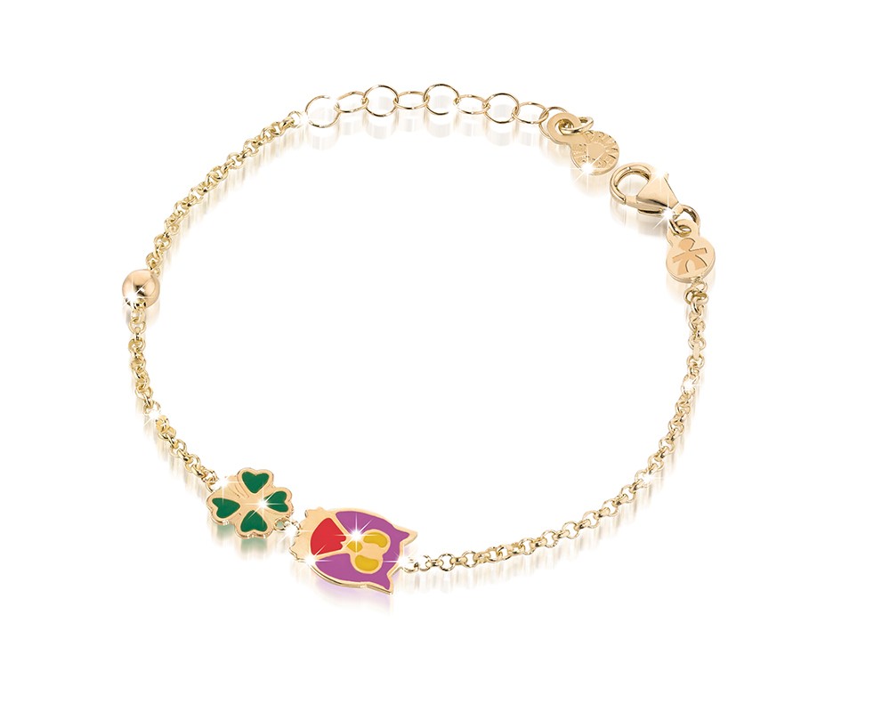 Bracciale Fortuna oro giallo quadrifoglio e civetta