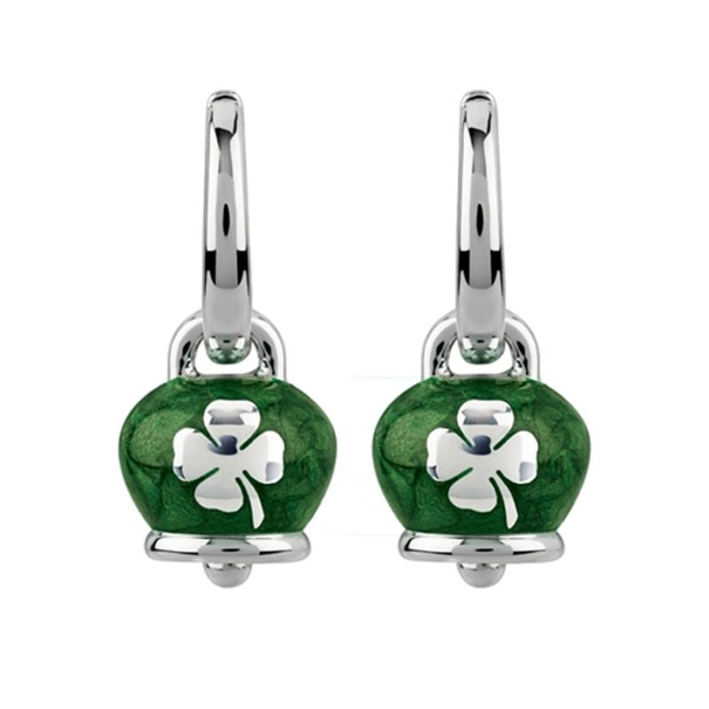 Orecchini campanella micro con quadrifogli in argento e smalto verde perlato